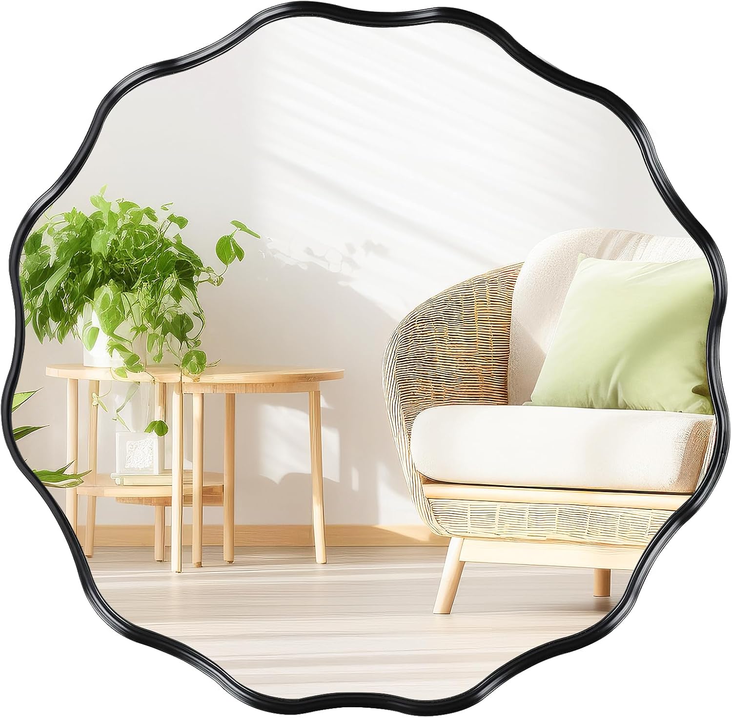 Framed Beige Round Mirror — 20" — 20"L x 20"W