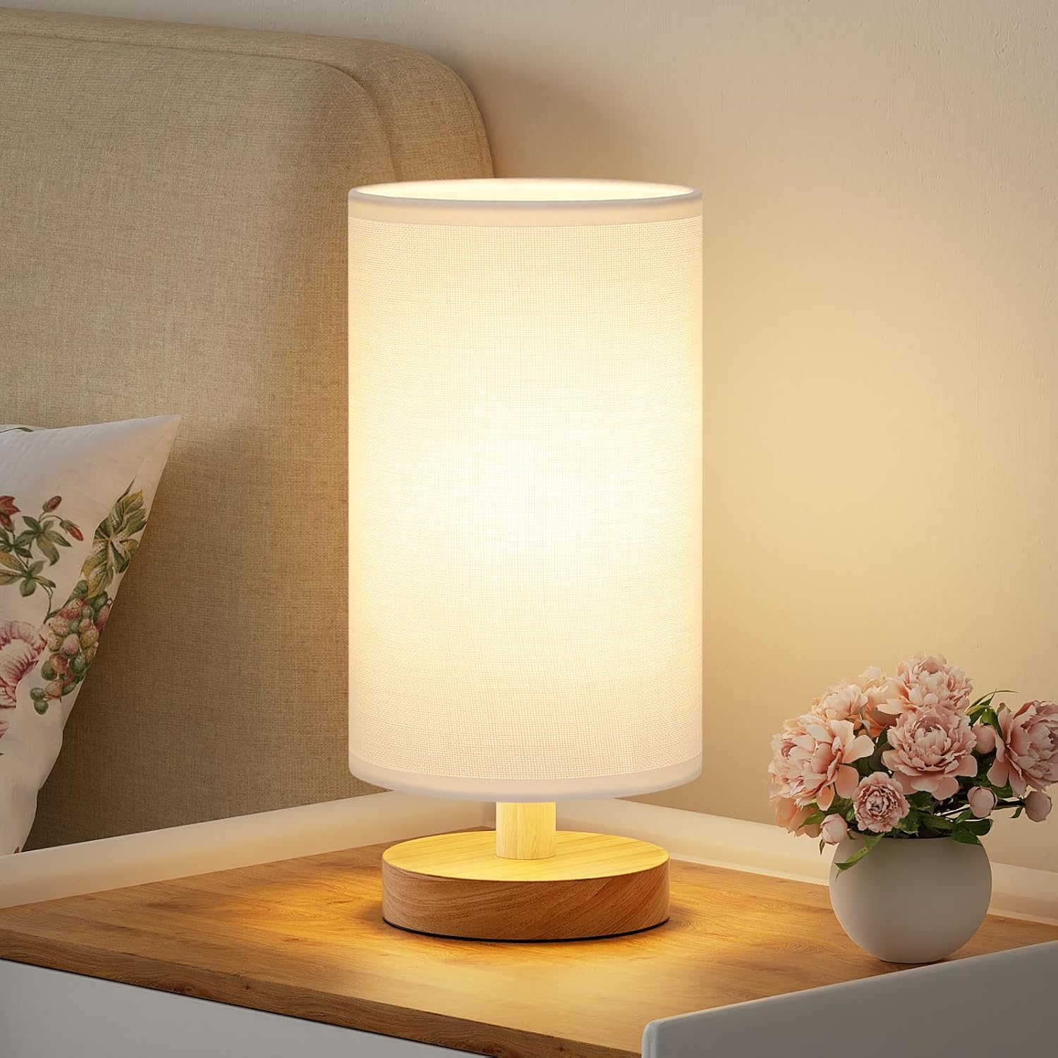 Beige Bedside Lamp — 9" — White Shade - Wood Base