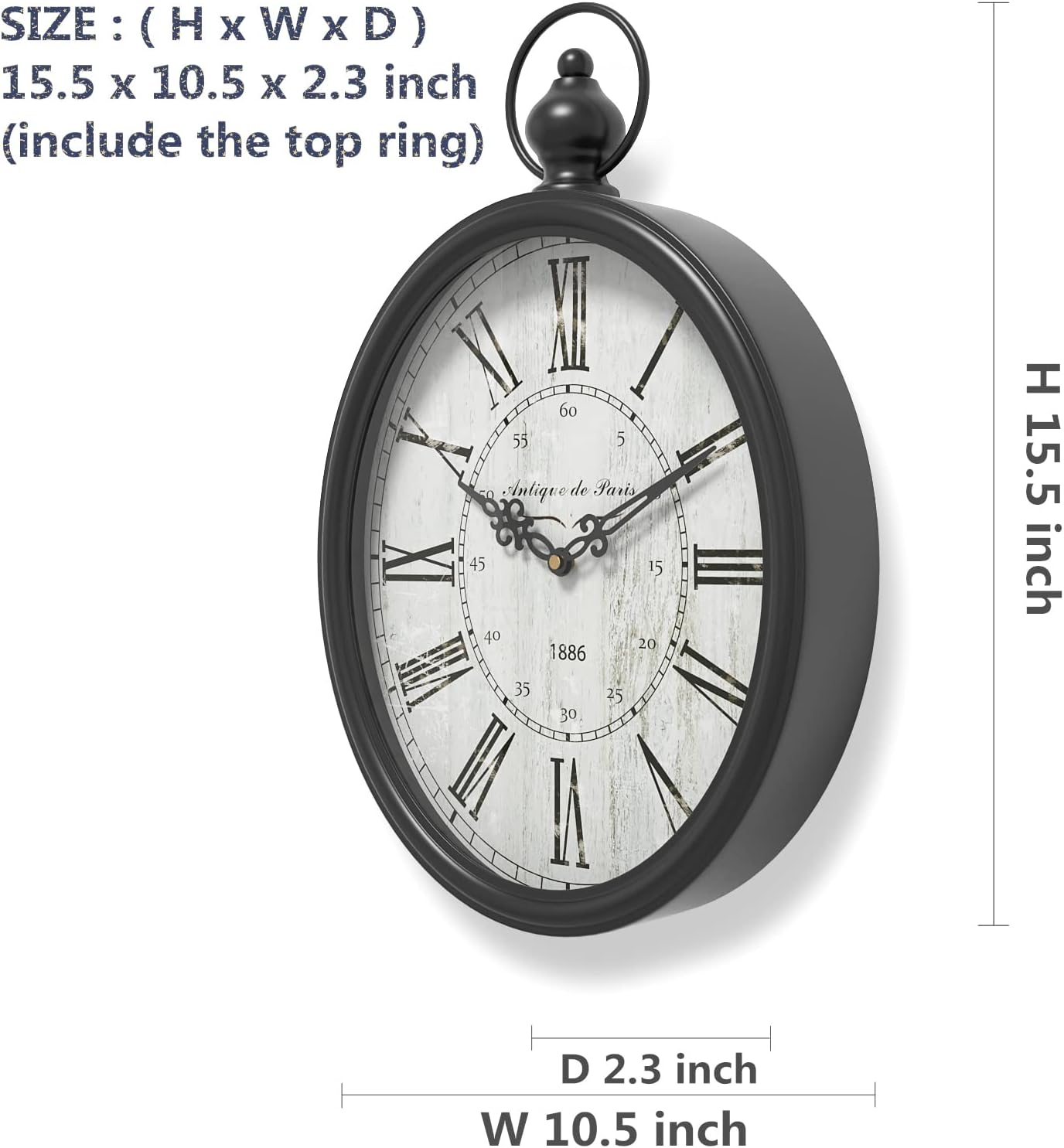 Battery Operated Farmhouse Black Wall Clock — 15.5" - View 3