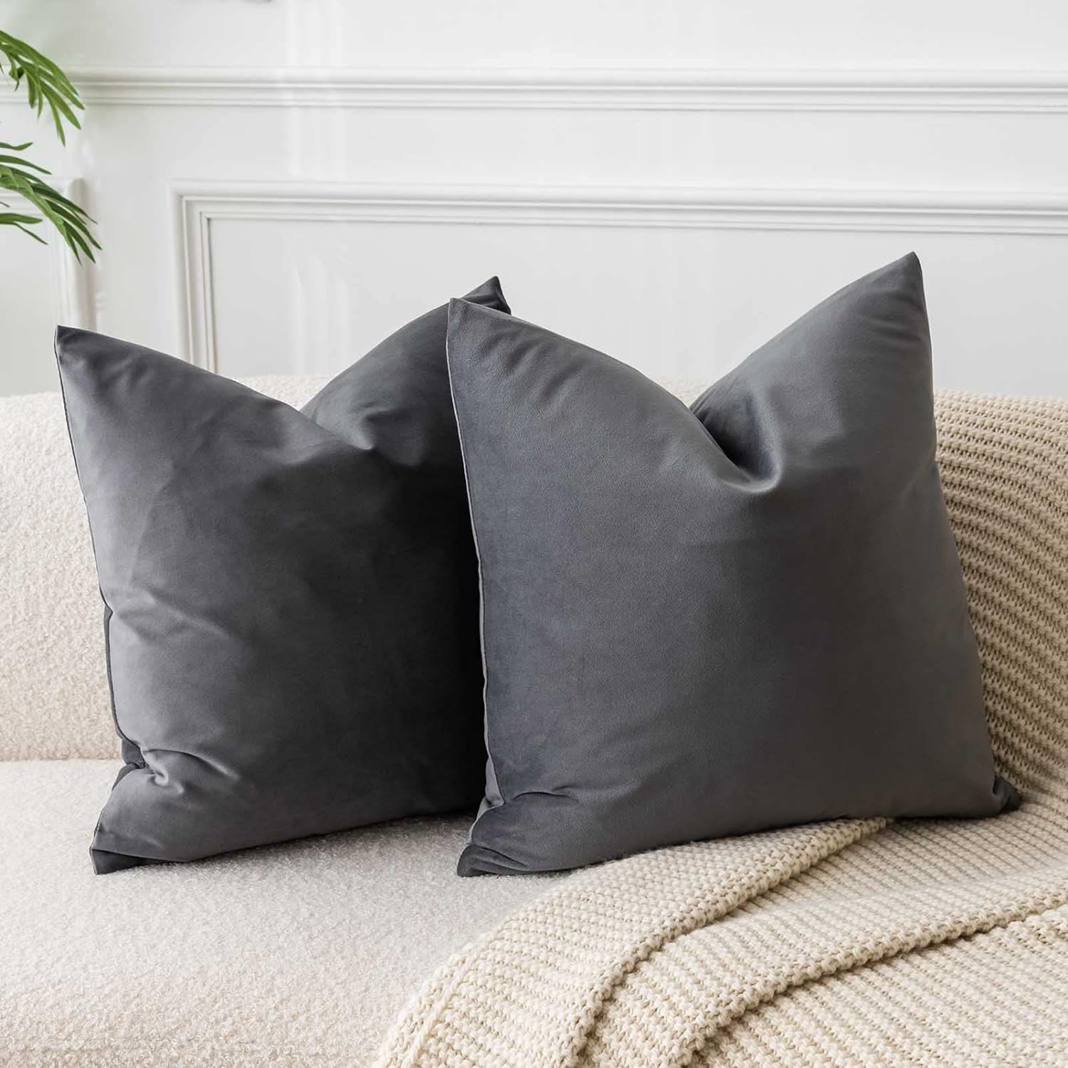 Velvet Luxe Beige Throw Pillow Cover — 14" — Dark Gray