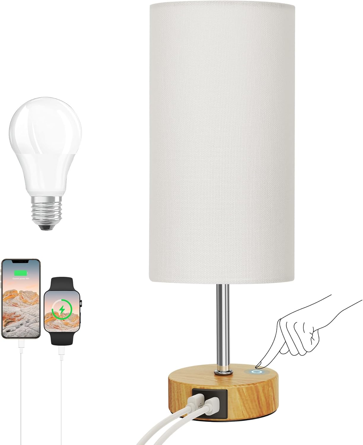 Dimmable Modern Silver Nightstand Lamp — 12.8" — White & Wood
