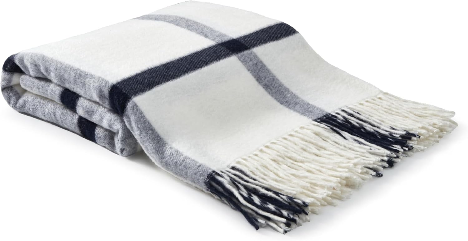 Beige Throw Pillow — 80" — Navy Stripes