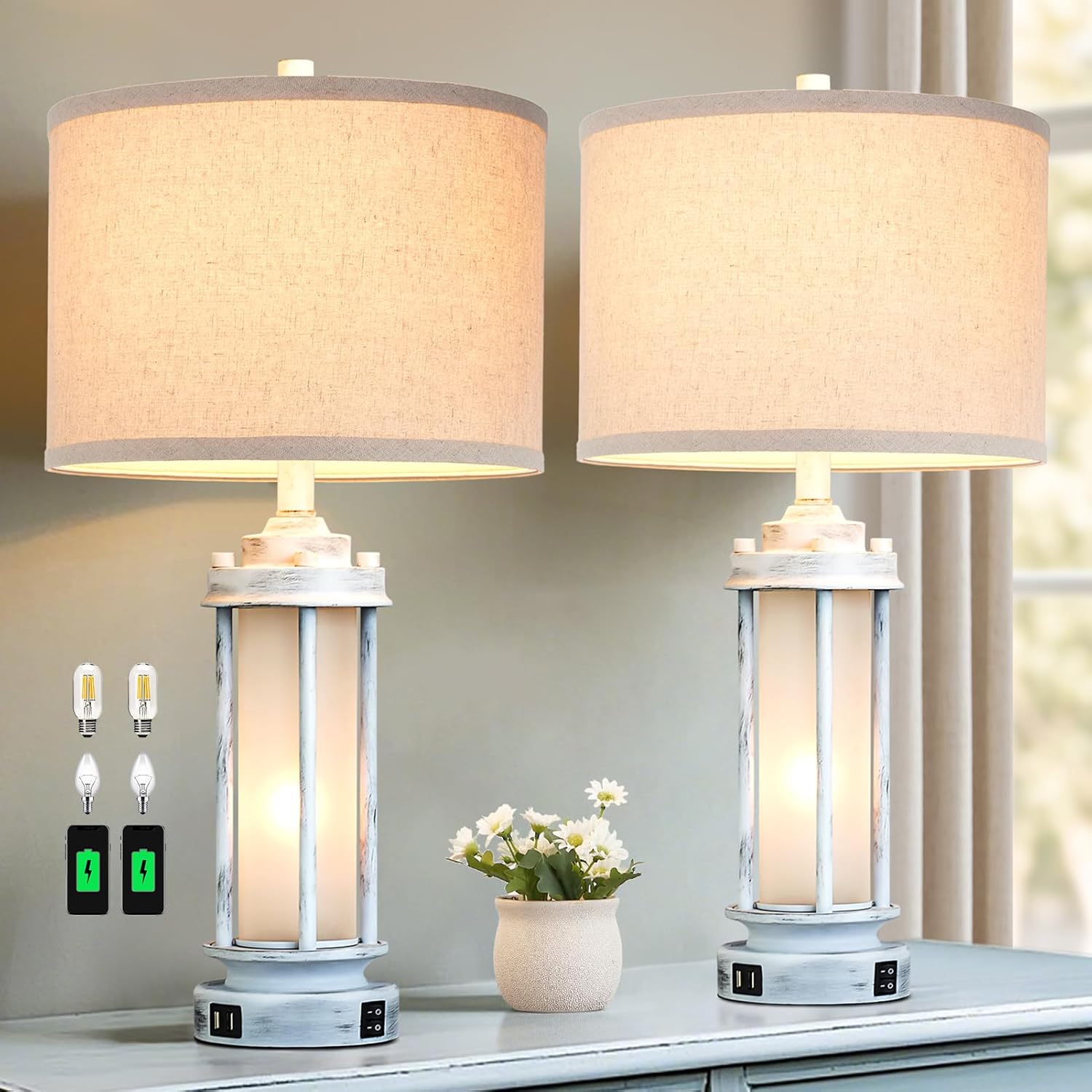 USB Charging Farmhouse Black Table Lamp — Set of 2 — Antique White