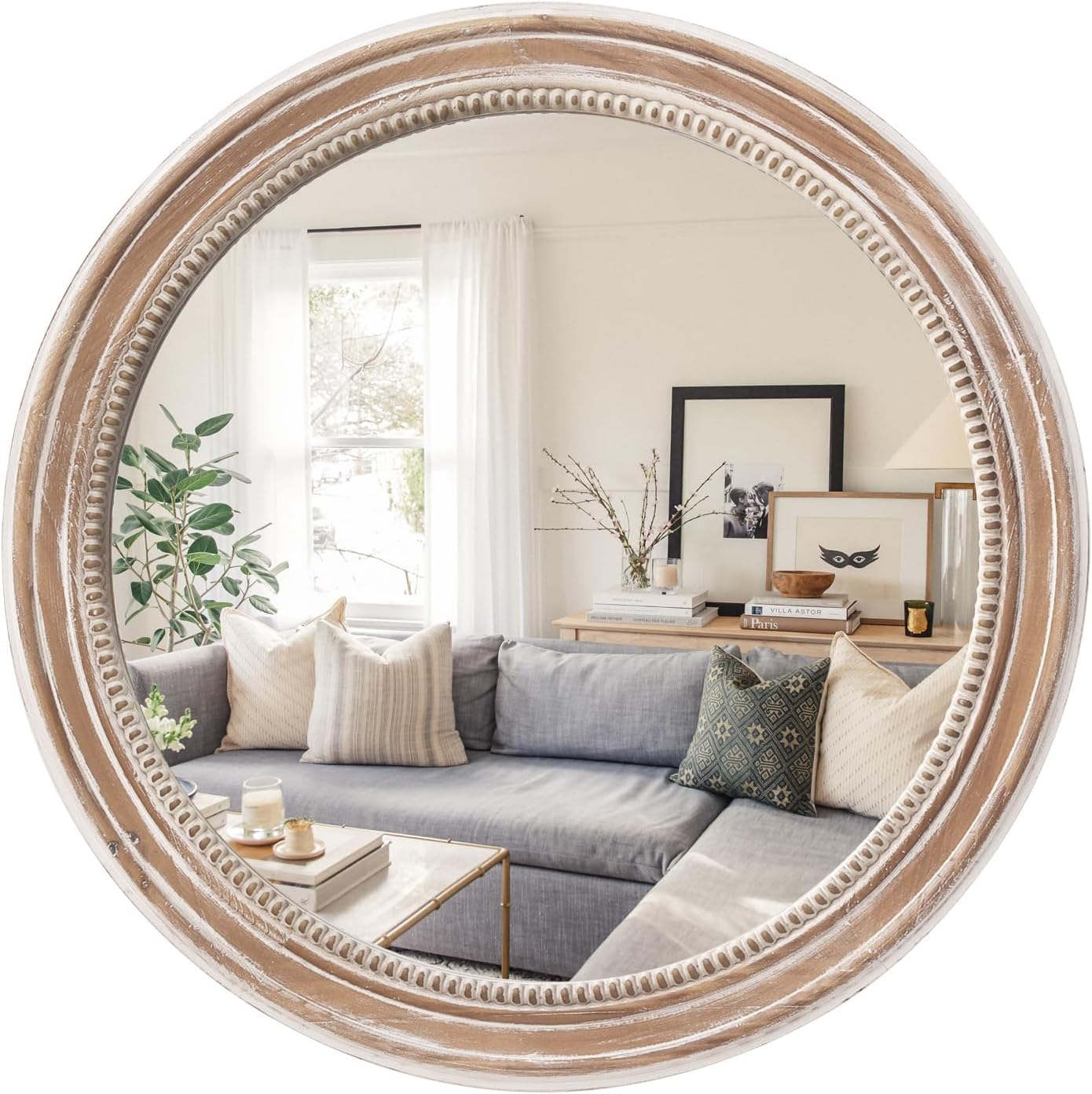 Round Boho Brown Wall Mirror — 24" — 24"L x 24"W