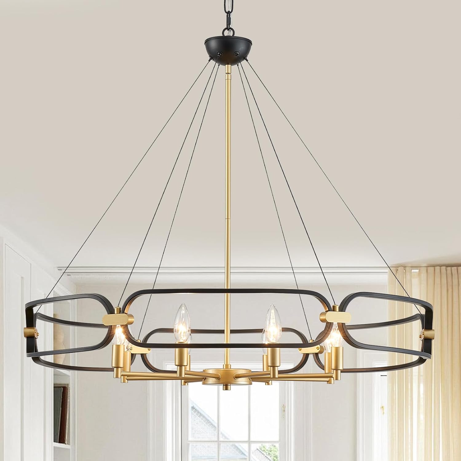 Round Farmhouse Black Chandelier — 5-Light — Black Gold Drum Ceiling-8 Light