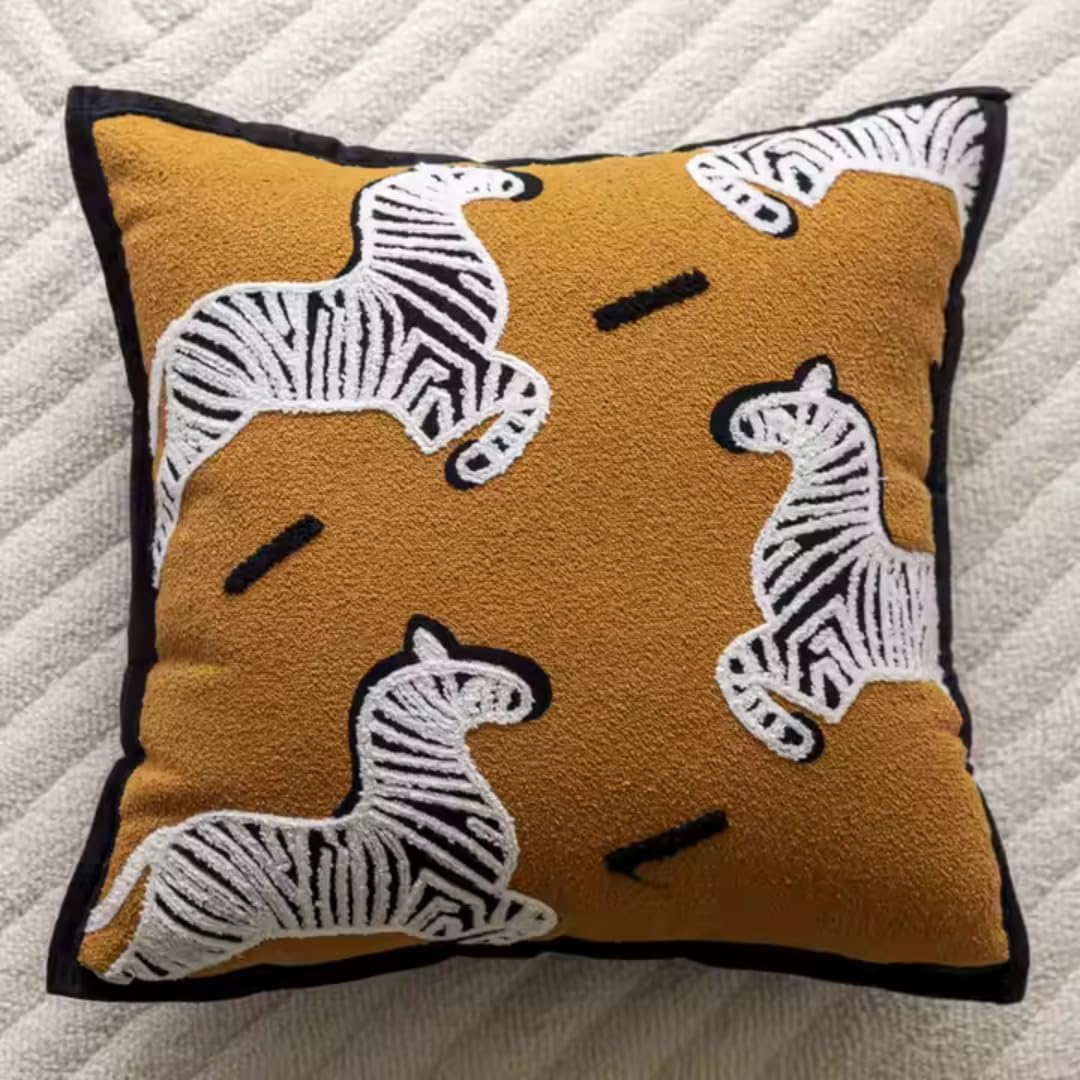 Embroidered Boho Beige Throw Pillow Cover — 18" — Tan & White Hourse