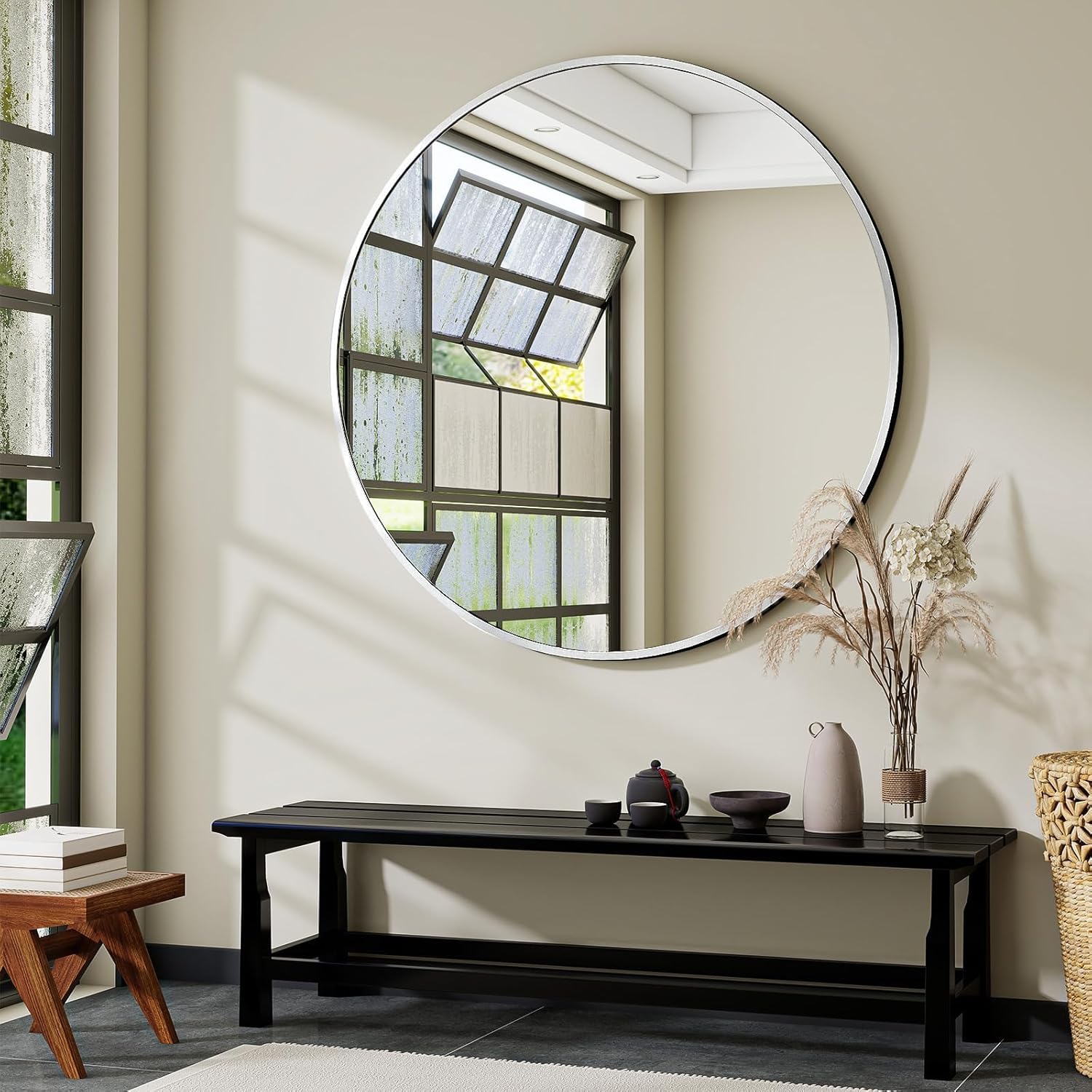 Round Modern Black Mirror — 48" — Silver