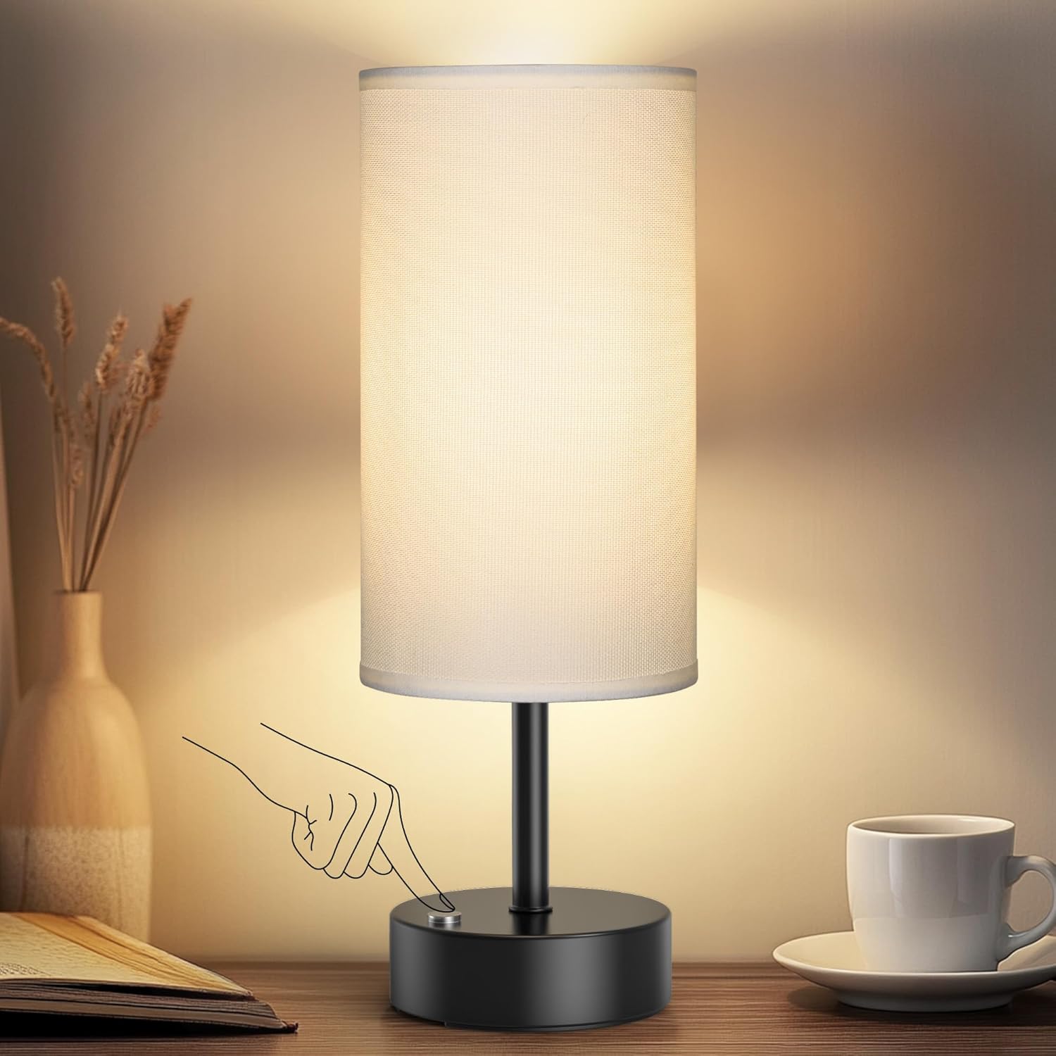 USB Beige Bedside Lamp — White-Cordless Rechargeable