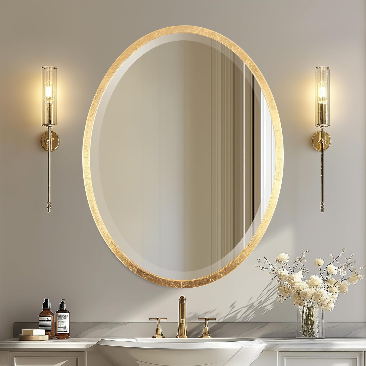 Beveled Luxe Beige Wall Mirror — 31" — Gold Leaf