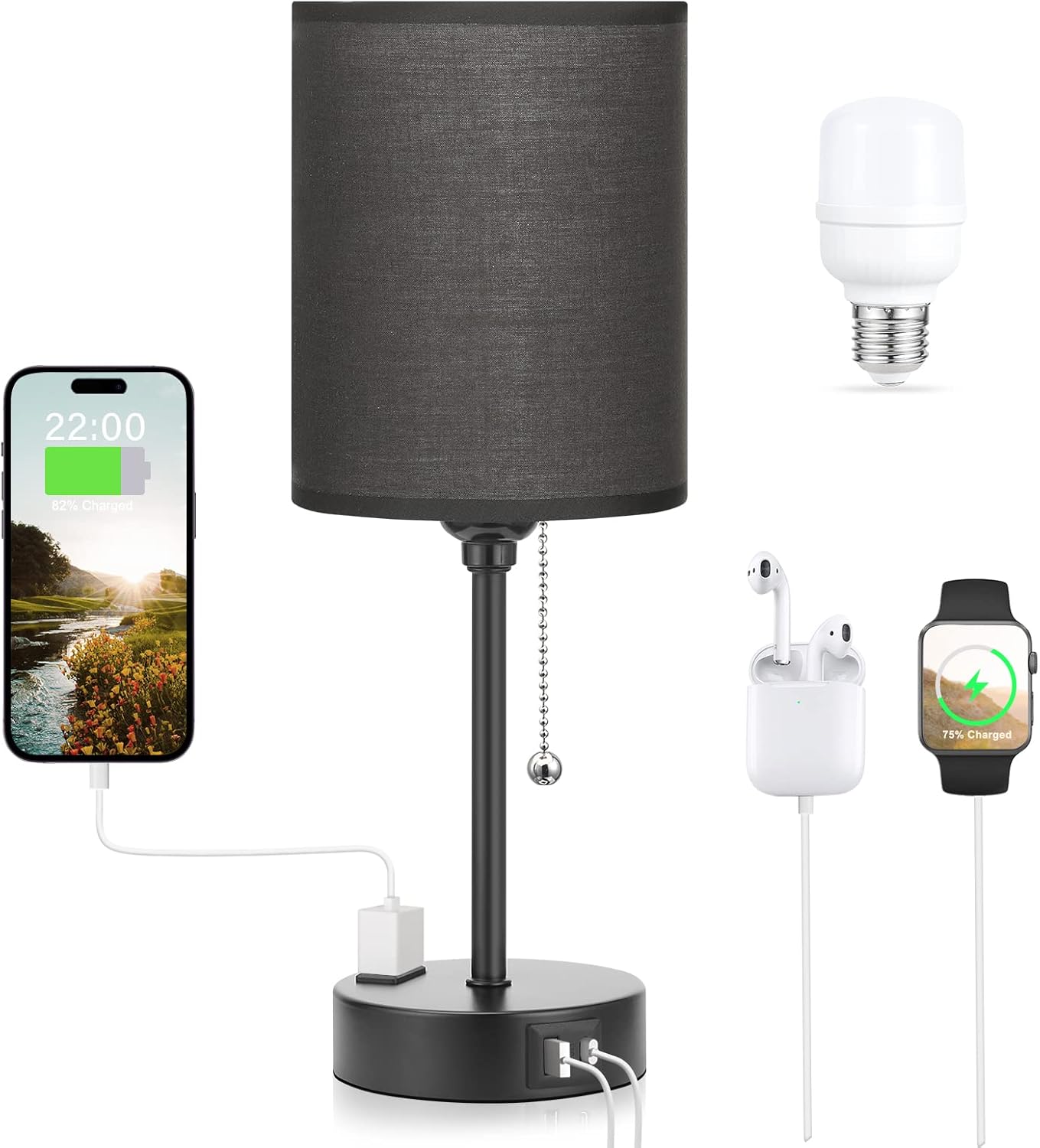 USB Beige Bedside Lamp — 14.6 in