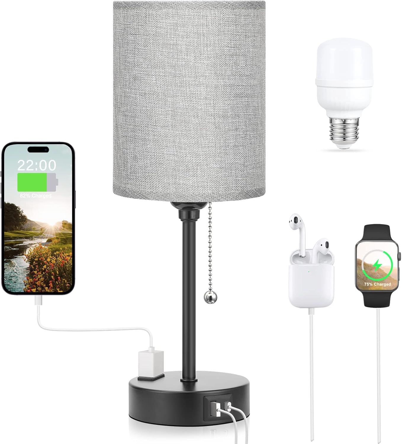 USB Beige Bedside Lamp — 14.6 in
