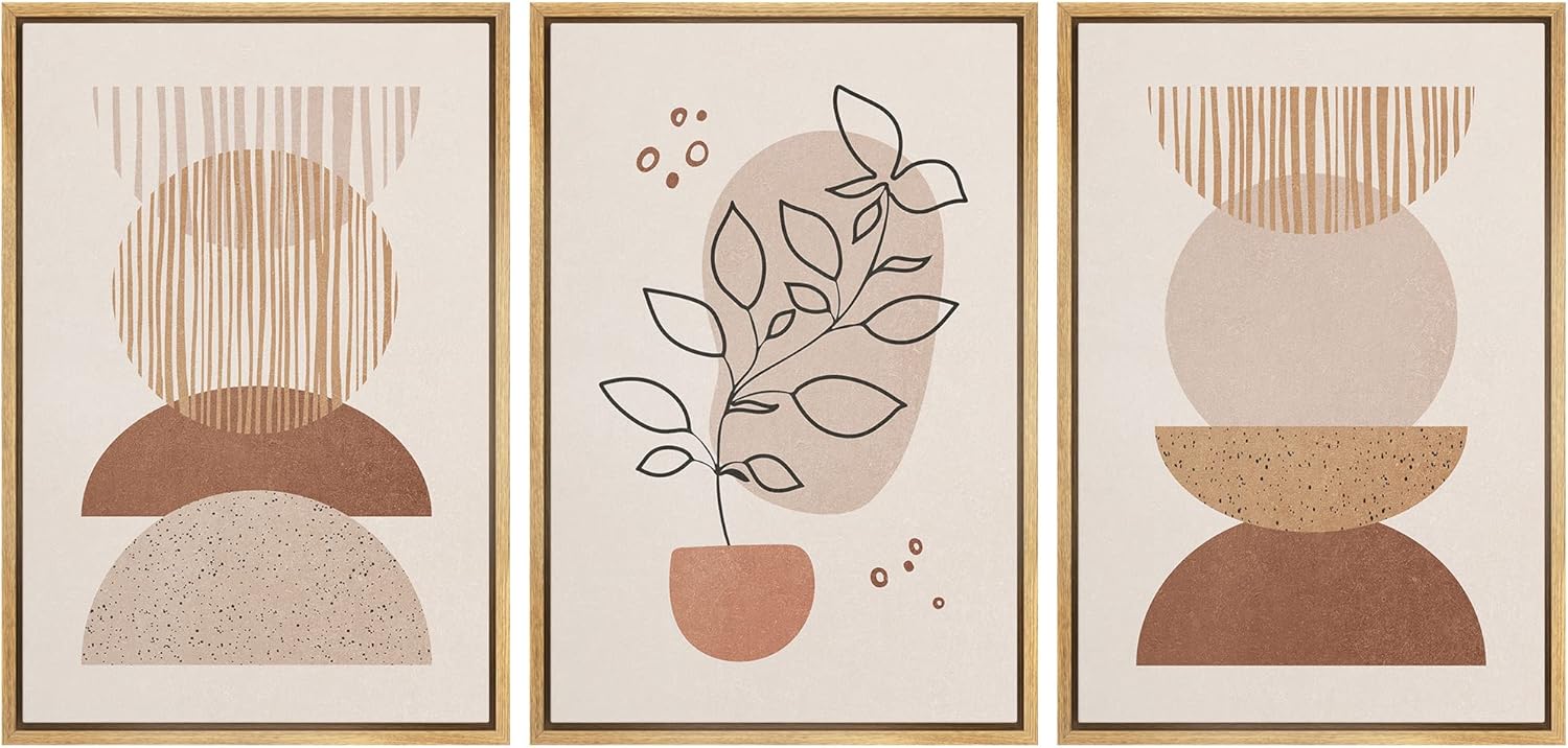 Framed Mid-Century Fabric Wall Art — 24" — 16" x 24" x 3 Panels NATURAL