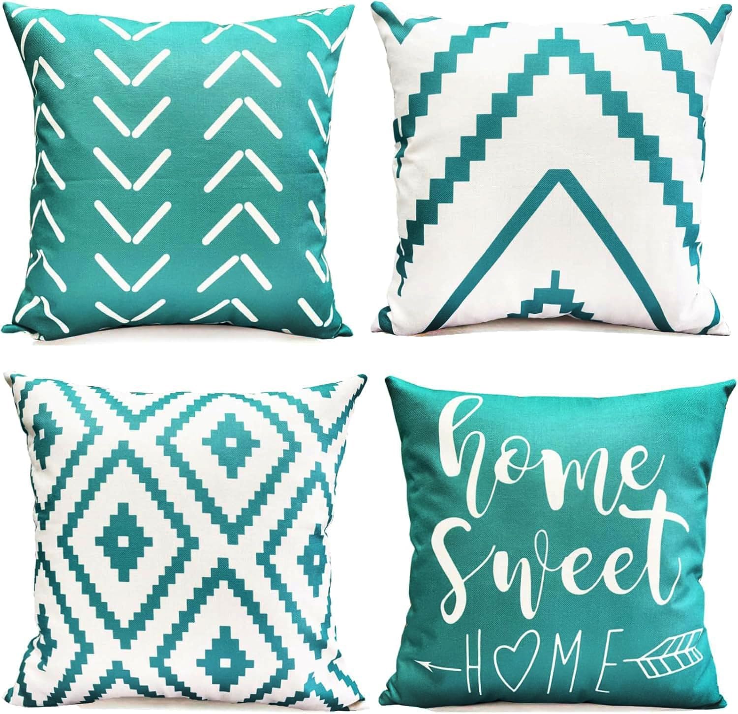 Linen Boho Beige Throw Pillow Cover — 18" — Aqua Blue-geometric