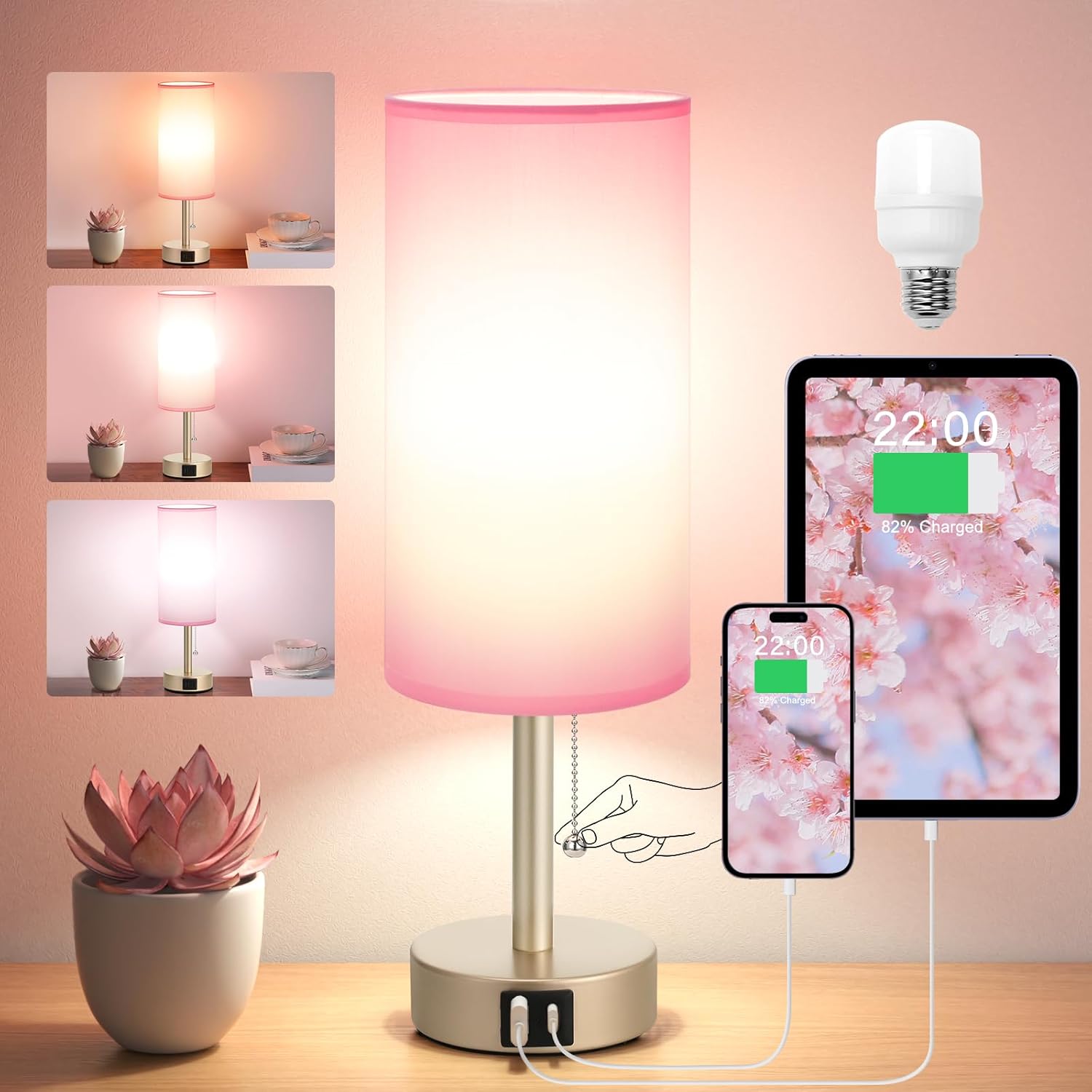 USB Gold Bedside Lamp — Pink-Champagne Gold