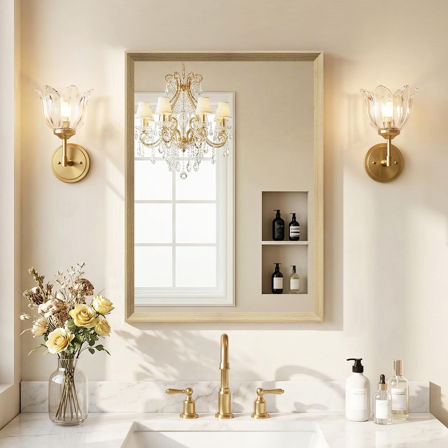 Framed Farmhouse Gold Wall Mirror — 20" — Oak Wood