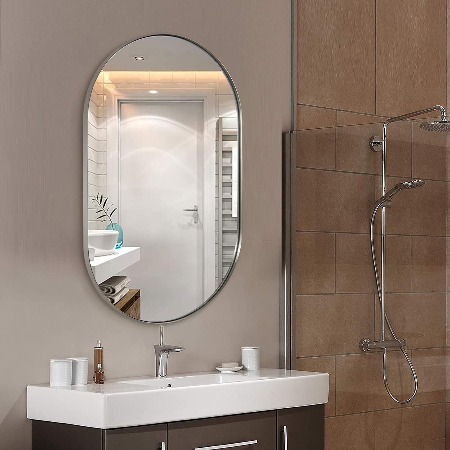 Oval Luxe Black Mirror — 1" — Brushed Nickel