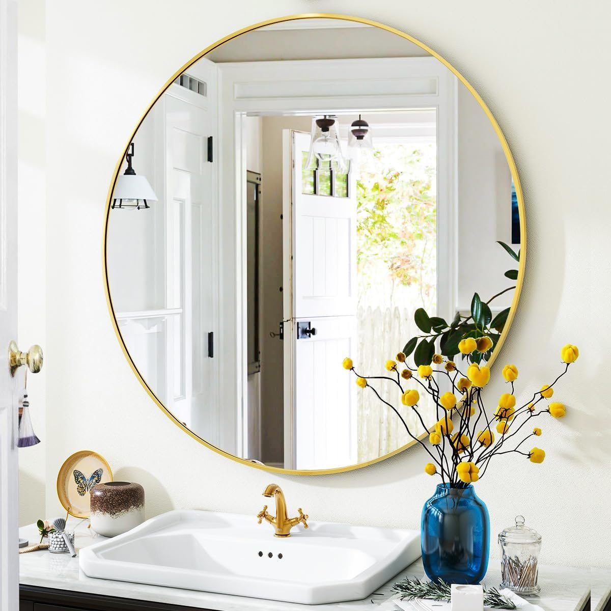 Round Modern Black Mirror — 48" — Gold