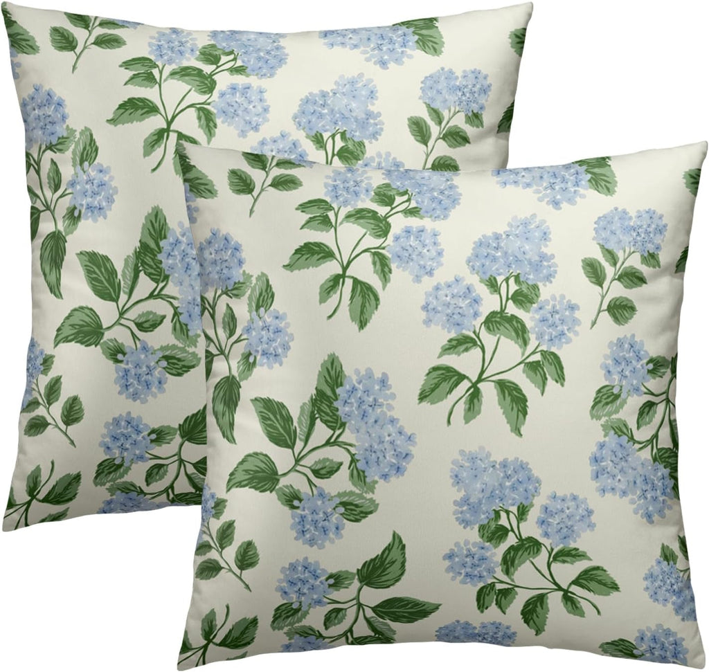 Boho Black Throw Pillow Cover — 18" — Rustic Blue Hydrangea Flowers