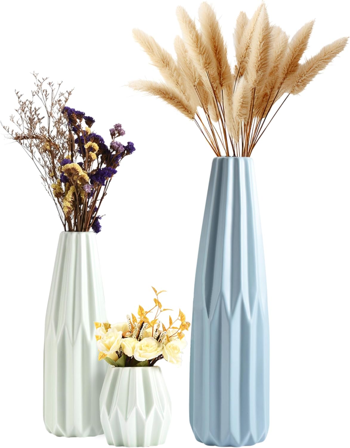 Round Modern Ceramic Flower Vase — Set of 3 — Light Green and Blue Ceramic Vases