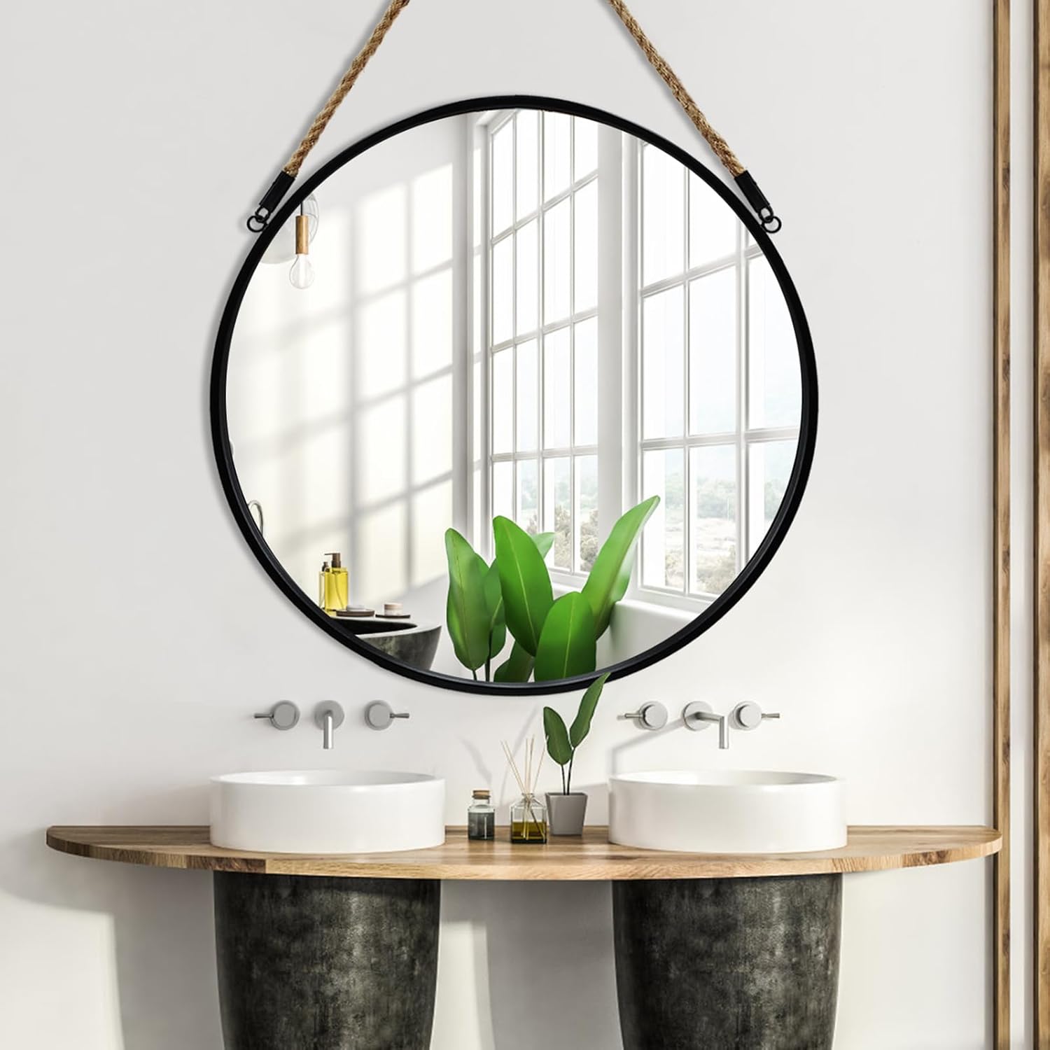 Round Farmhouse Beige Wall Mirror — 15" — Black