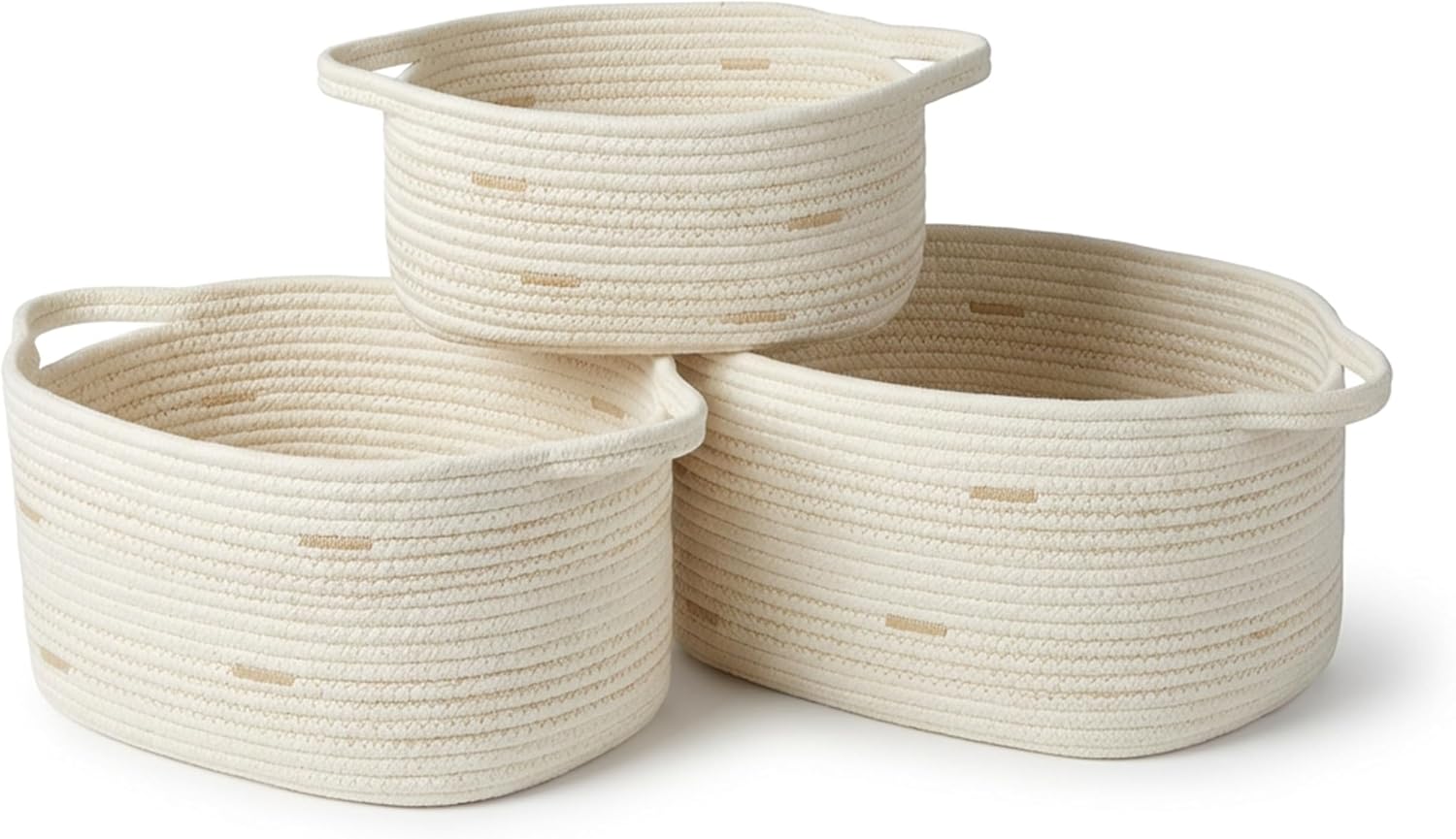 Linen Boho Beige Storage Basket — Set of 3 — Ivory With Beige Accents