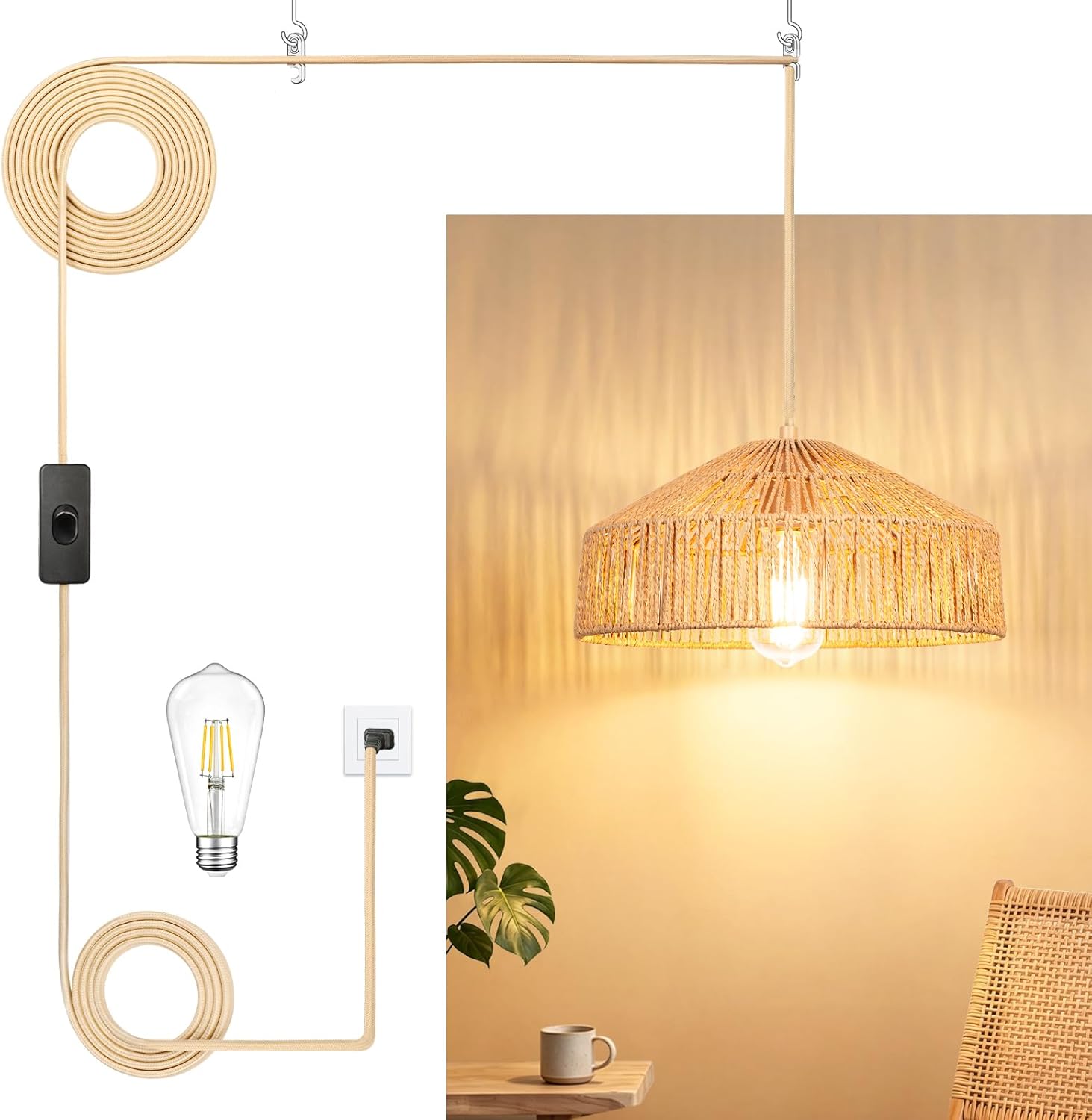 Dimmable Boho Fabric Pendant Light — Woven Tapered/1