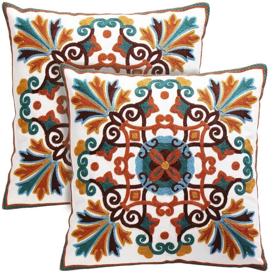 Boho Fabric Pillow Cover — 18" — 2pk-tan&brown&teal