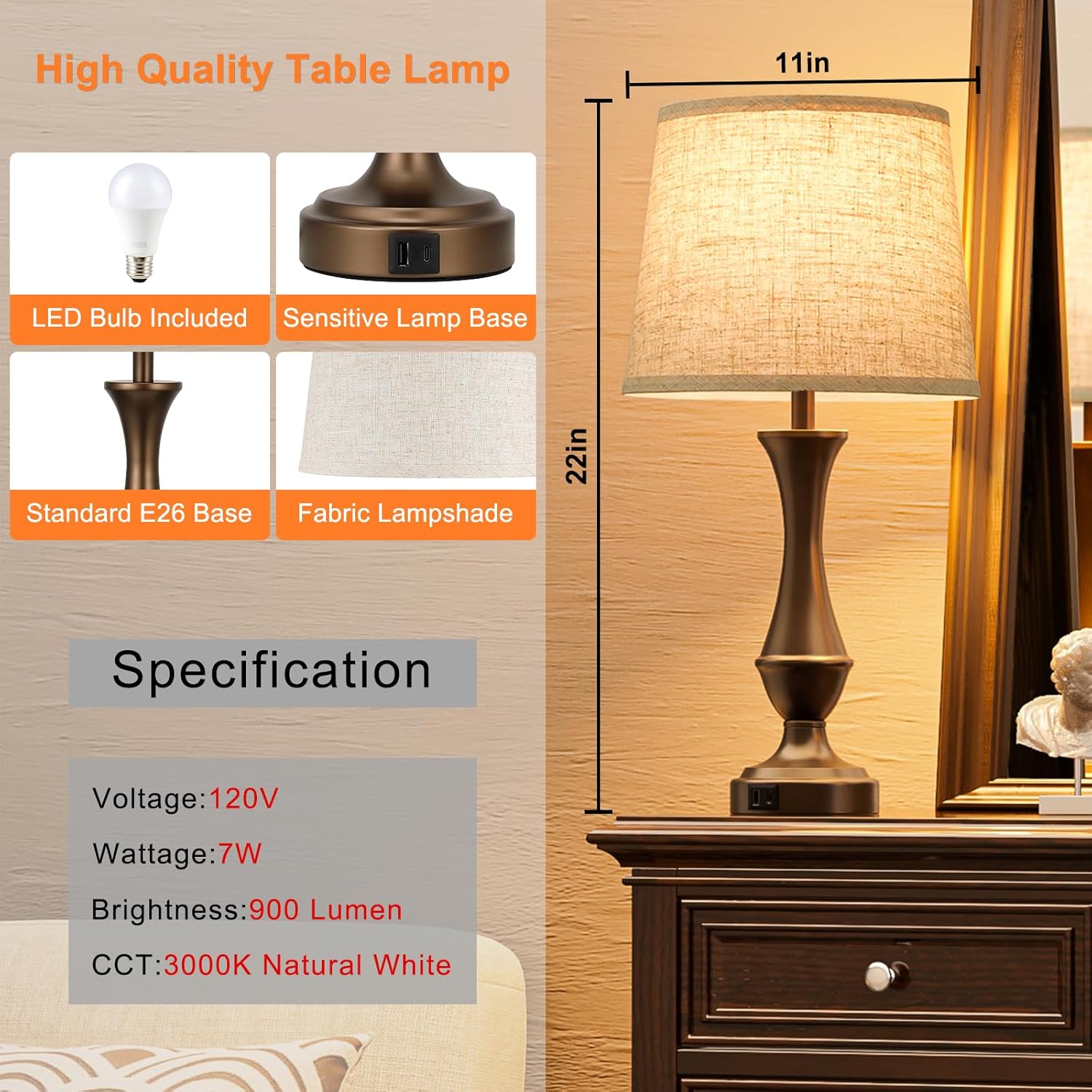 Dimmable Beige Bedside Lamp — Set of 2 - View 5