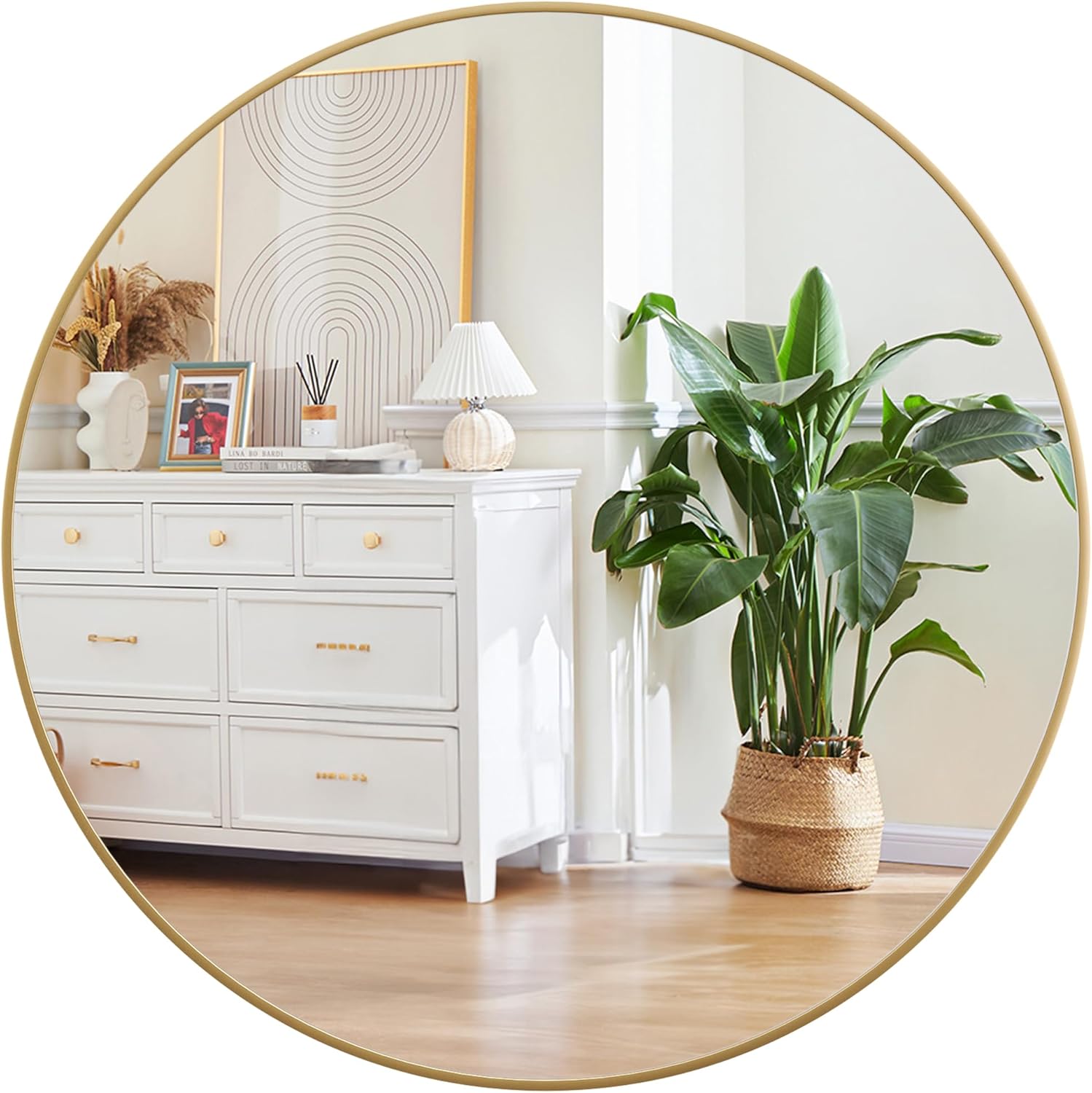 Round Farmhouse Black Wall Mirror — 36" — Gold