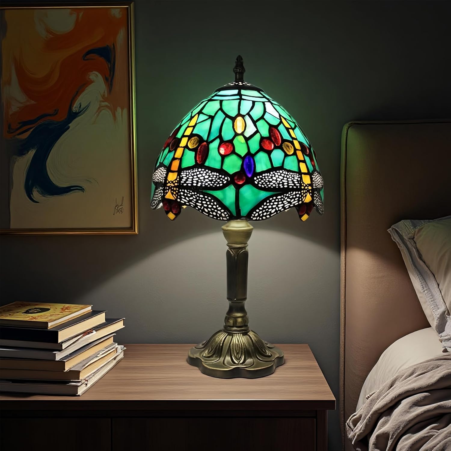 Vintage Glass Table Lamp — Dragonfly Tiffany 8in