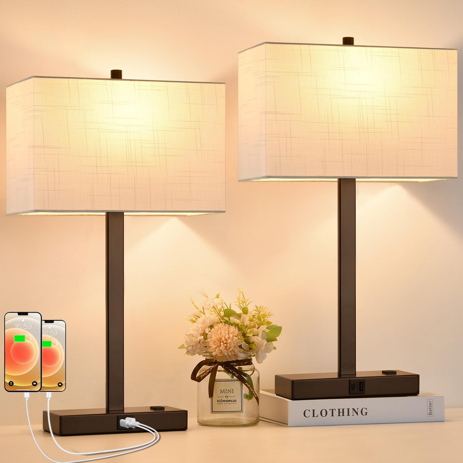 Dimmable Beige LED Bulb — 21" — (2 Pack)White Linen & Brown (Base)-2700K Bulbs Included
