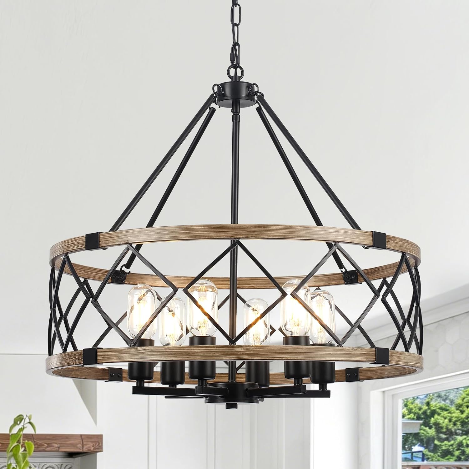 Farmhouse Black Chandelier — 4-Light — 6 Light - Brown Wood Grain