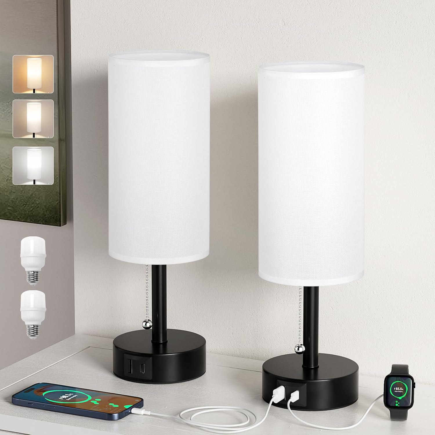 Round Beige LED Bulb — Set of 2 — White Lampshade