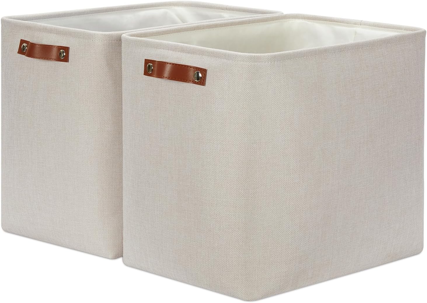 Beige Storage Basket — 17" — Beige-Leather Handles