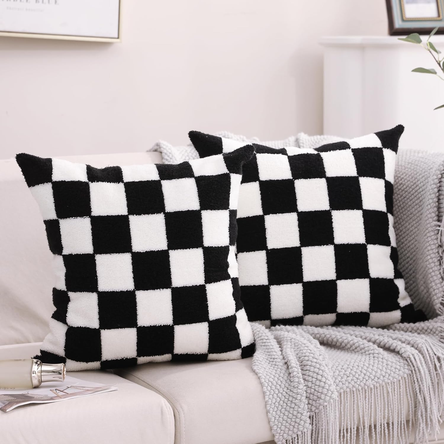 Tufted Boho Beige Throw Pillow Cover — 18" — - Black White