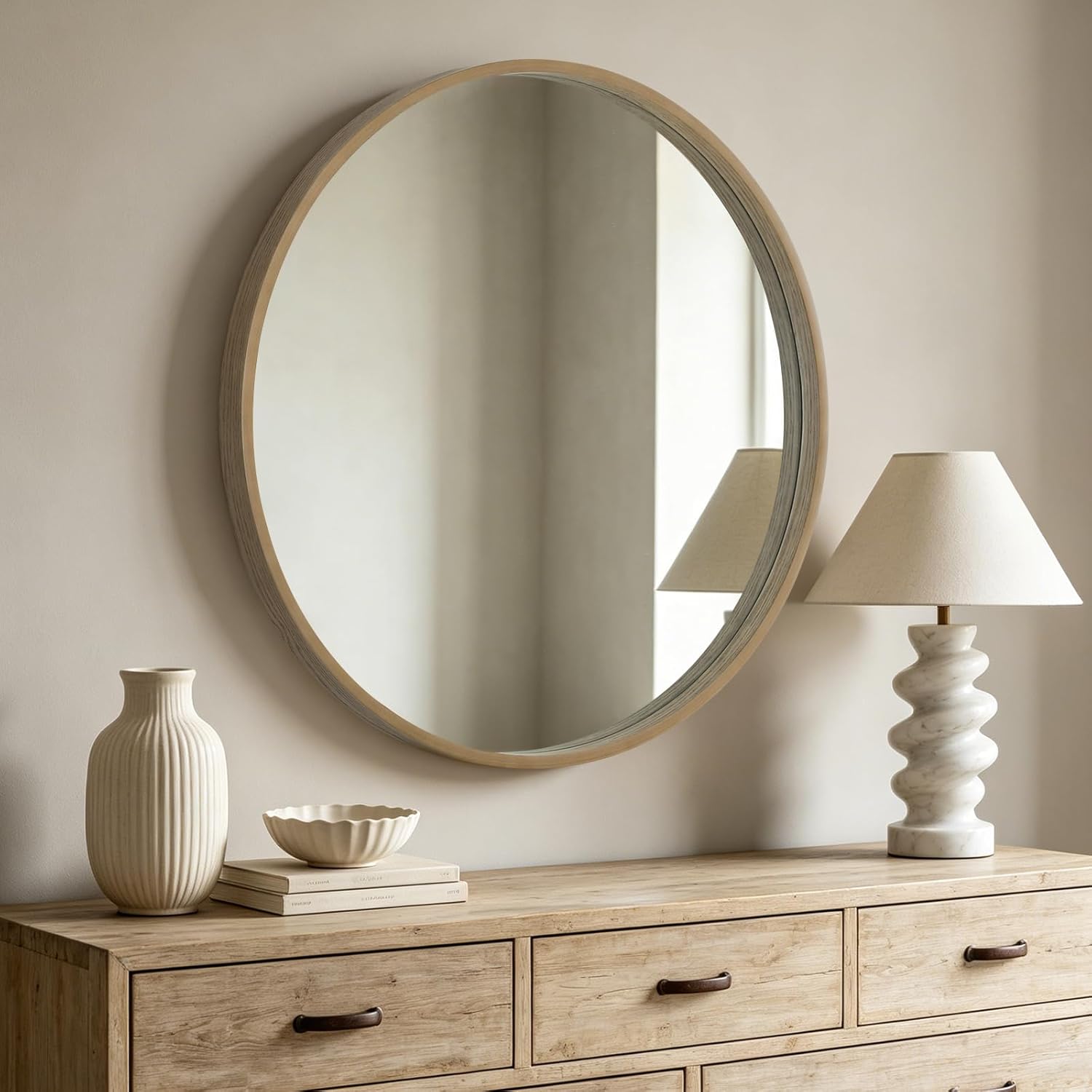 Framed Farmhouse Beige Wall Mirror — 24" — Honey
