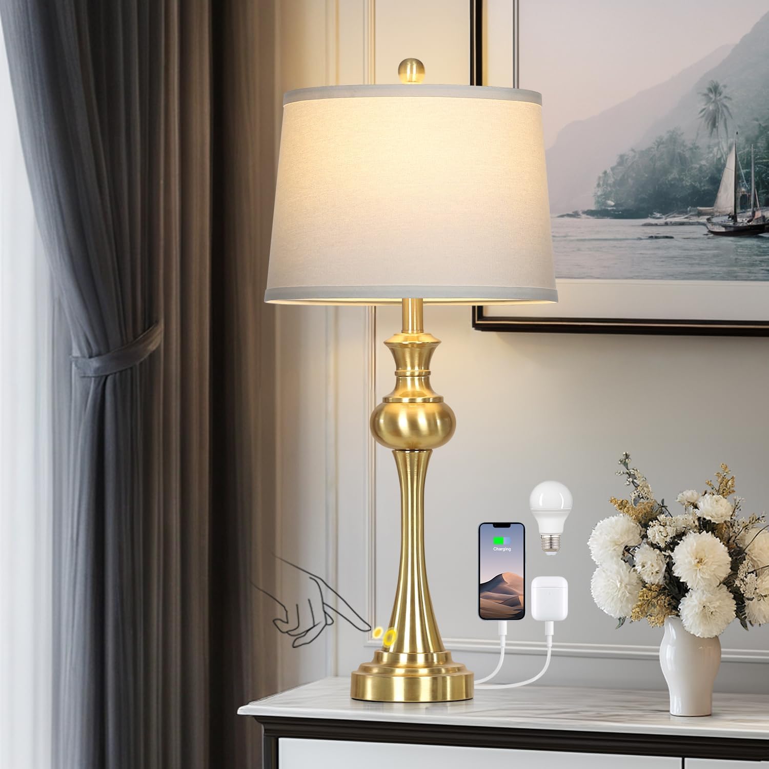 Dimmable Modern Black Bedside Lamp — 28.75" — 1Pack-Gold