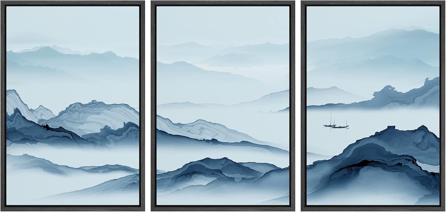 Framed Farmhouse Fabric Wall Art — 16" — 24" x 36" x 3 Panels BLACK