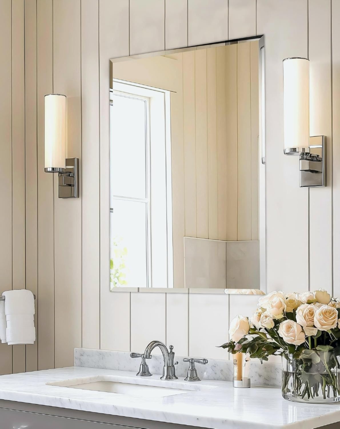 Beveled Beige Wall Mirror — 32" — Silver-rectangular