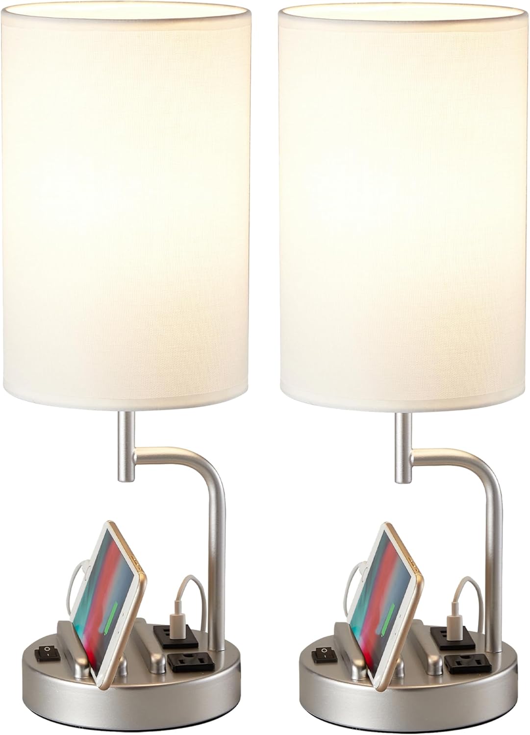 USB Charging Modern Beige Bedside Lamp — Set of 2 — Silver