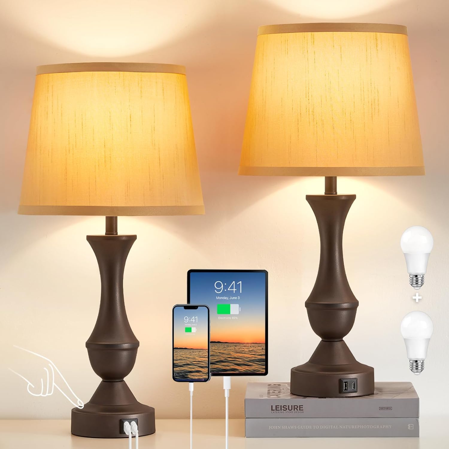 Dimmable Luxe Beige Bedside Lamp — 22" — Brown,Brown