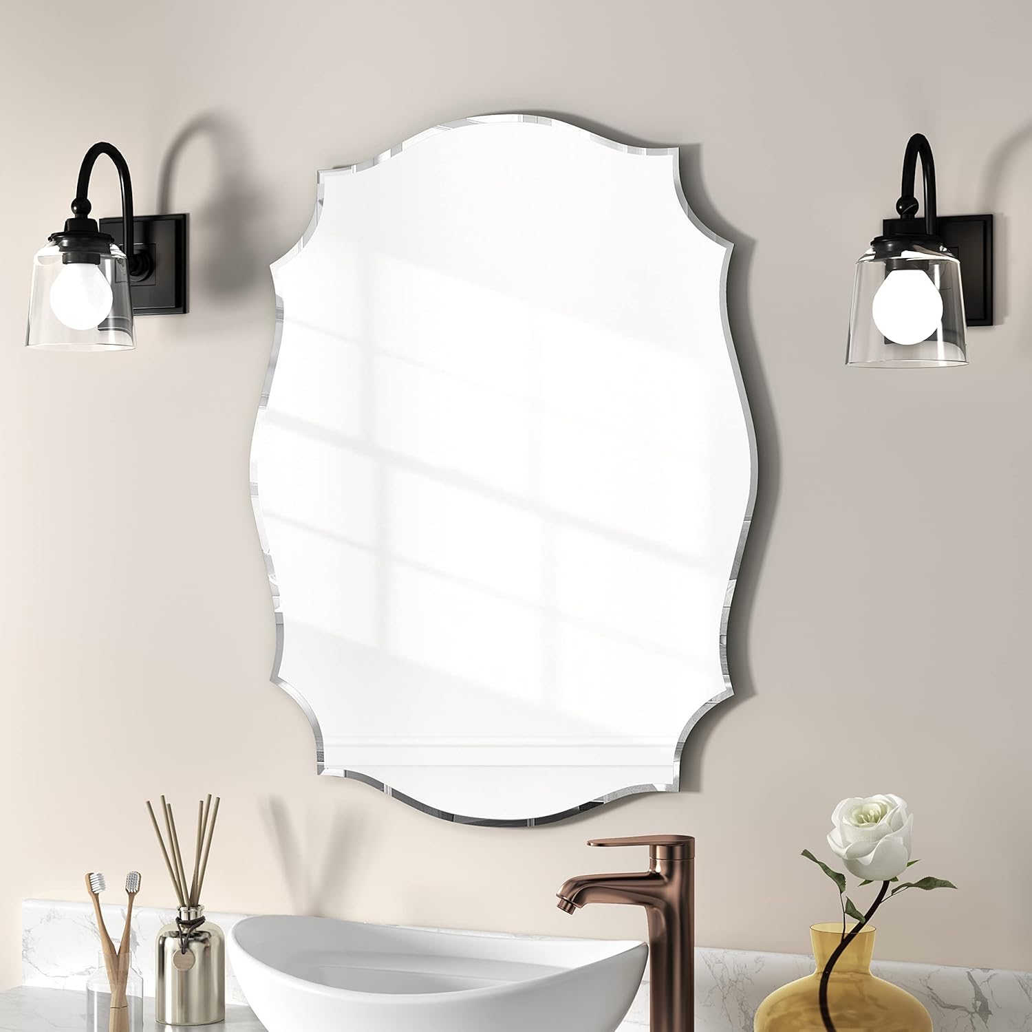 Beveled Beige Wall Mirror — 24" — Scalloped