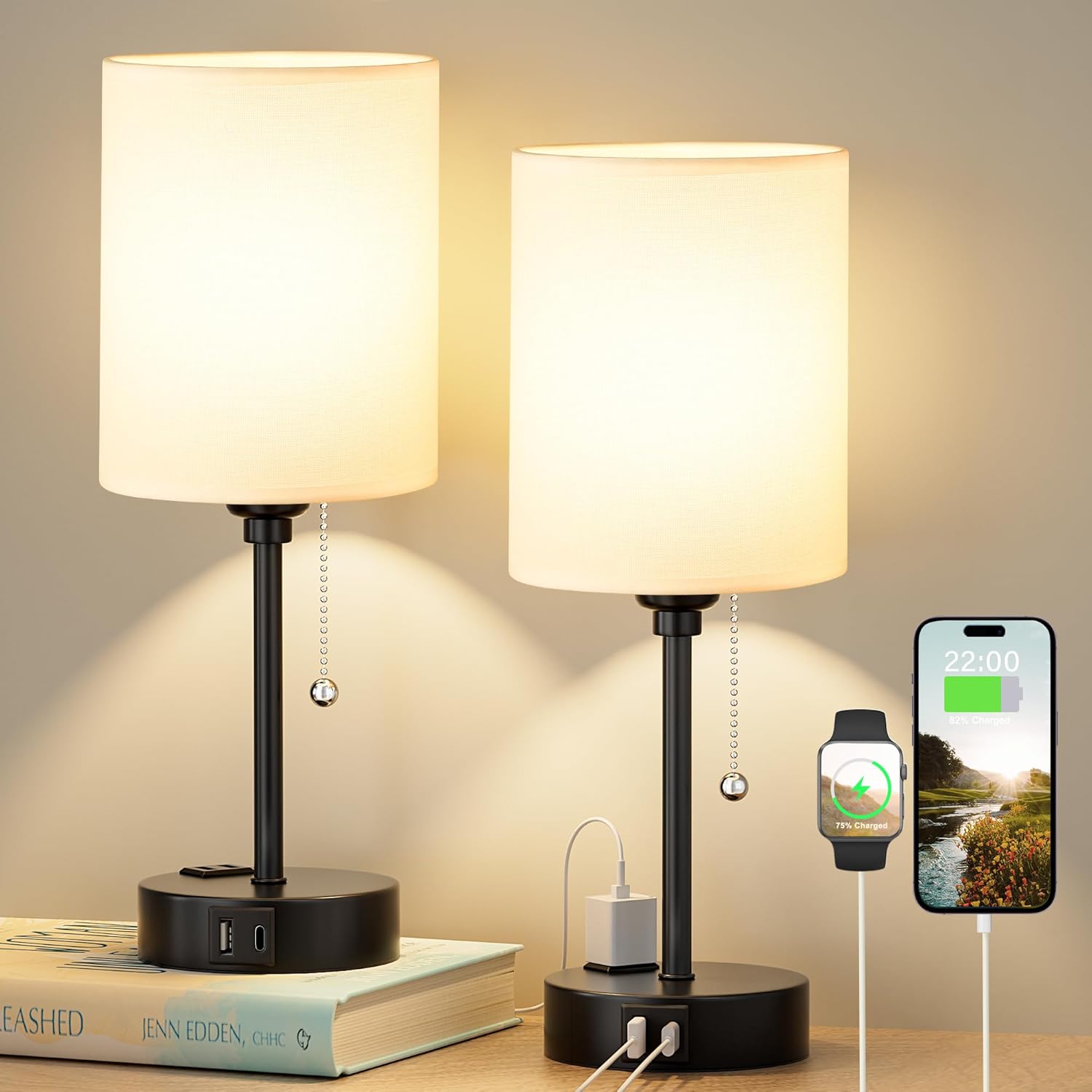 USB Beige Bedside Lamp — 14.6 in