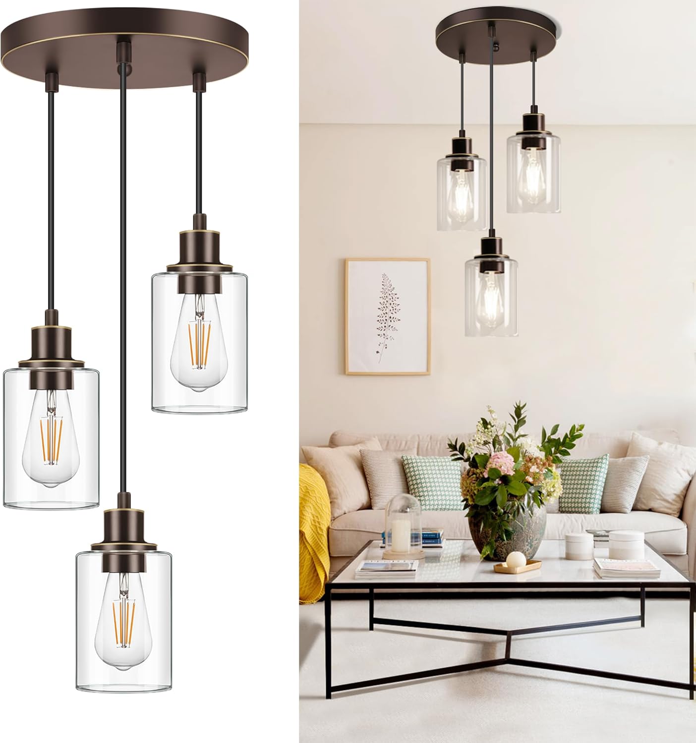 Adjustable Black Pendant Light — 3-Light — Oil-Rubbed Bronze