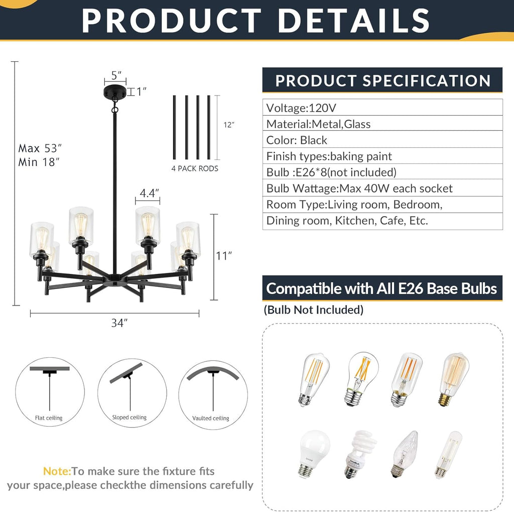 Farmhouse Black Chandelier — 34" - View 4