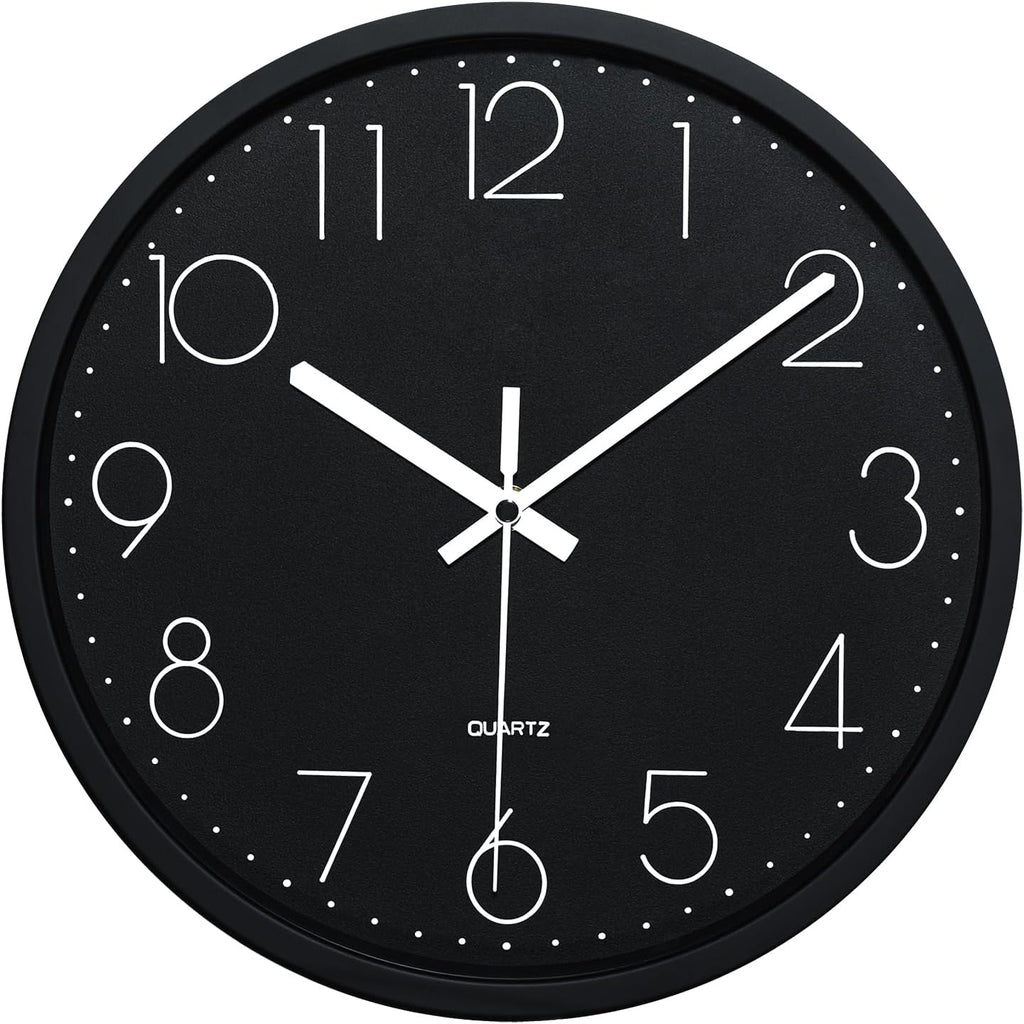 Battery Operated Black Wall Clock — 12" — Black Face