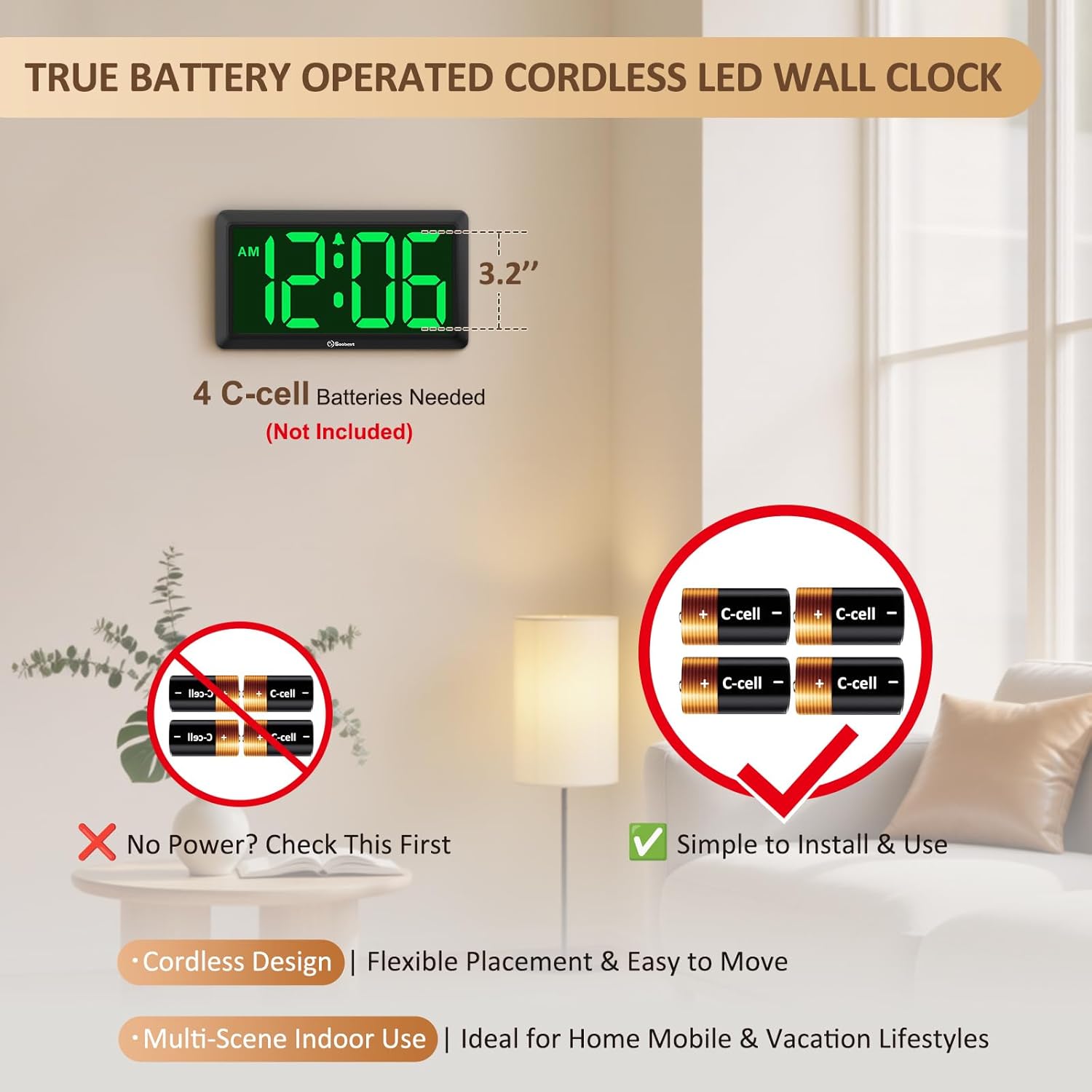 Battery Operated Modern Green Wall Clock — 3.2" - View 2