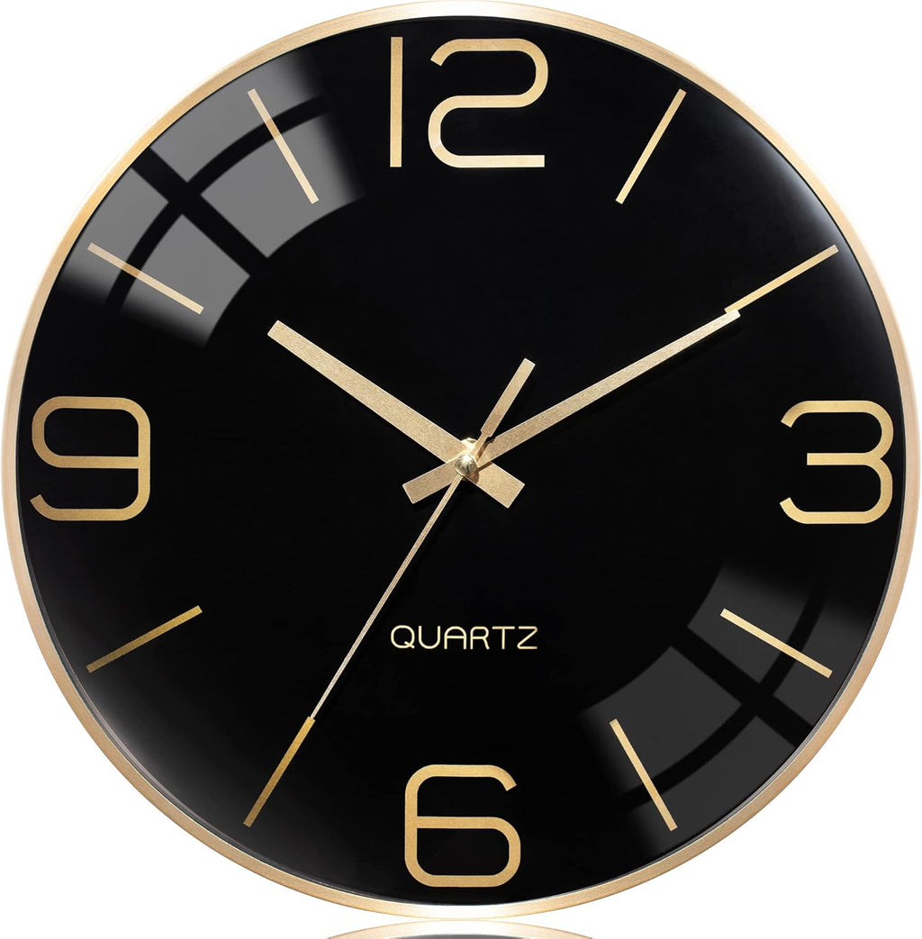 Battery Operated Luxe Black Wall Clock — 12" — Black-gold