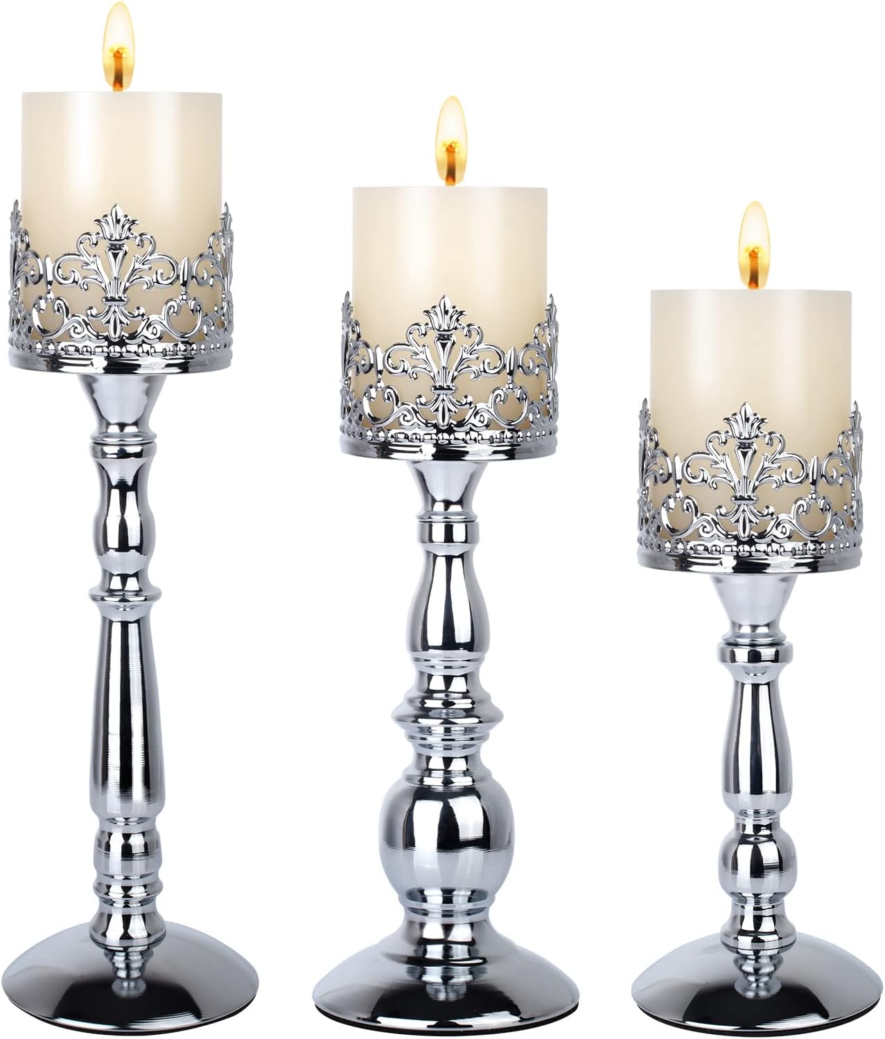 Vintage Luxe Black Pillar Candle — Set of 3 — Silver