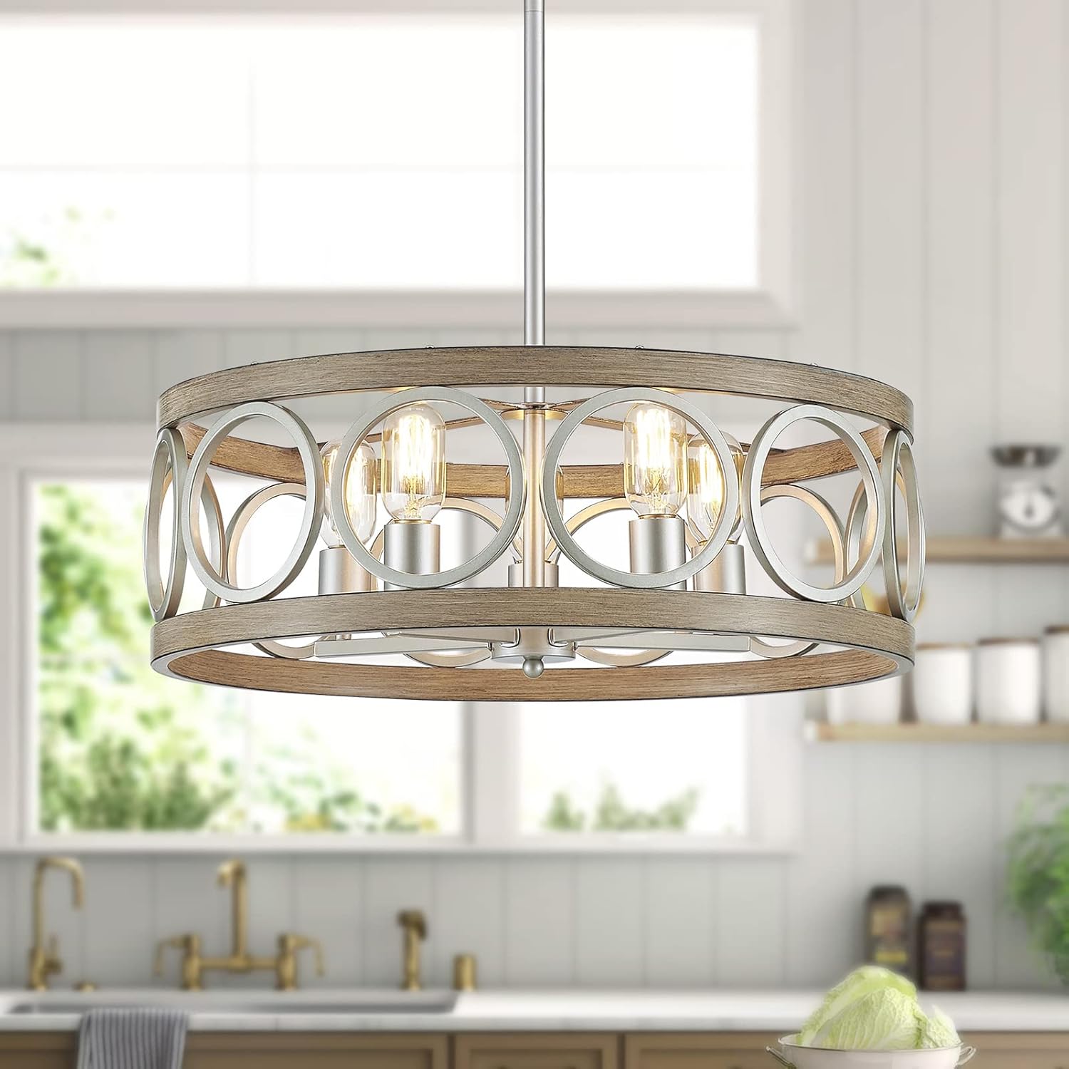 Round Farmhouse Black Chandelier — 5-Light — Brushed Nickel Drum Pendant-5 Light
